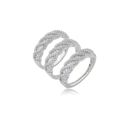 Trio de aneis cravejado de zirconia cristal banho em rodio branco