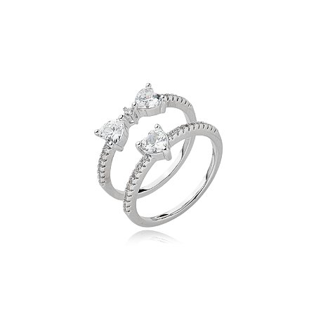 Dupla de aneis cravejado de zirconia cristal banho em rodio branco