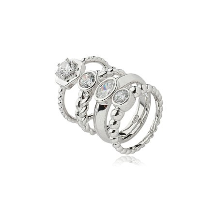 Conjunto de anel com zirconia cristal banho em rodio branco