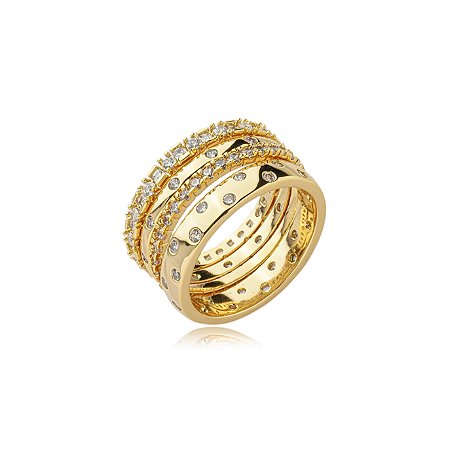 Conjunto de anel cravejado de zirconia cristal banho em ouro 18k