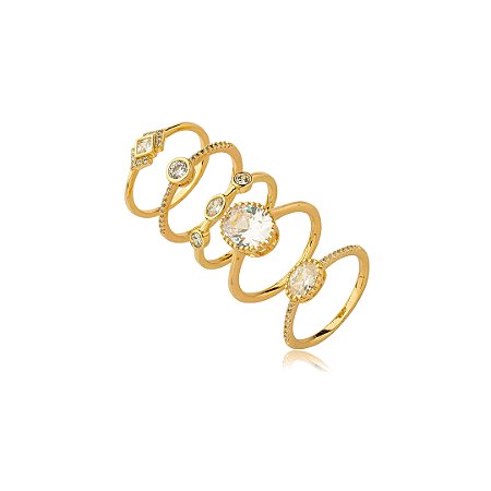 Conjunto de anel cravejado de zirconia cristal banho em ouro 18k