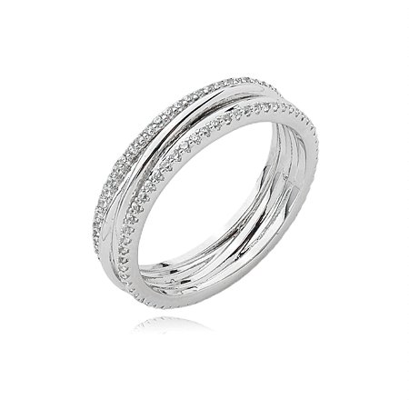 Anel cravejado de zirconia cristal banho em rodio branco