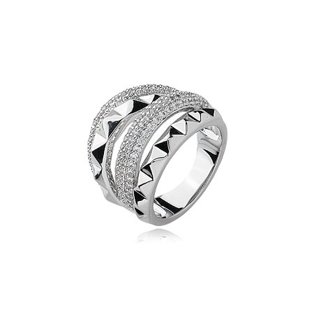 Anel cravejado de zirconia cristal banho em rodio branco