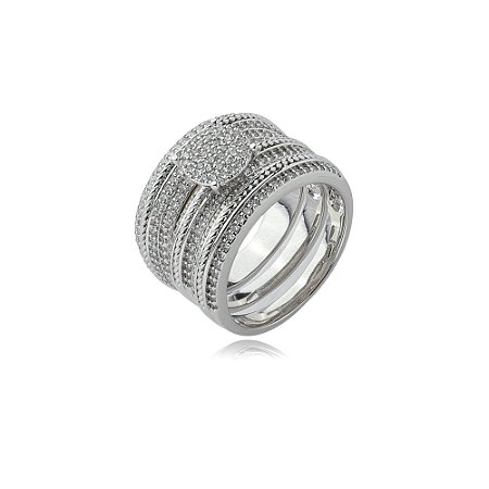 Trio de aneis cravejado de zirconia cristal banho em rodio branco