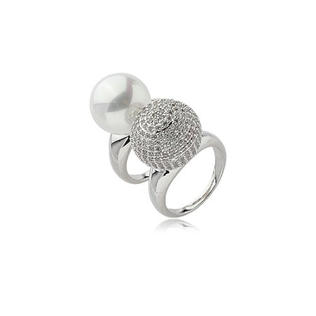 Dupla de aneis de perola cravejado de zirconia cristal banho em rodio branco