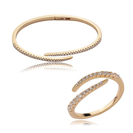 Conjunto de anel e bracelete cravejado de zirconia cristal banho em ouro 18k