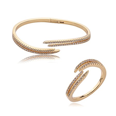 Conjunto de anel e bracelete cravejado de zirconia cristal banho em ouro 18k