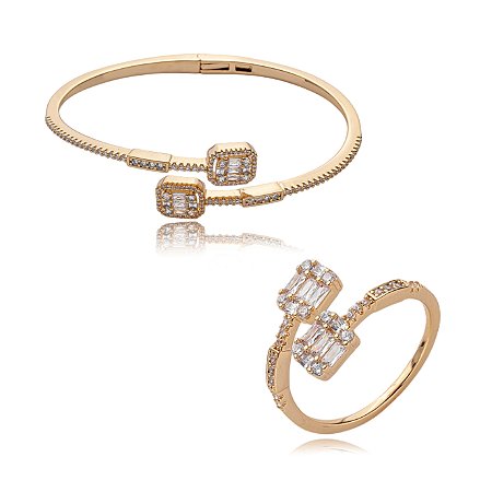Conjunto de anel e bracelete cravejado de zirconia cristal banho em ouro 18k