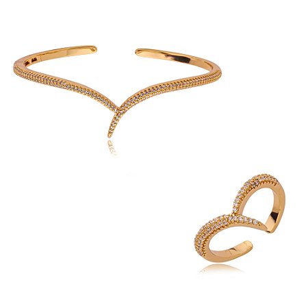 Conjunto de anel e bracelete cravejado de zirconia cristal banho em ouro 18k
