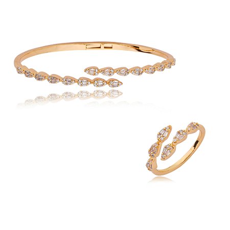 Conjunto de anel e bracelete cravejado de zirconia cristal banho em ouro 18k