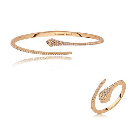 Conjunto de anel e bracelete cravejado de zirconia cristal banho em ouro 18k