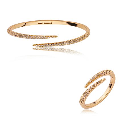 Conjunto de anel e bracelete cravejado de zirconia cristal banho em ouro 18k