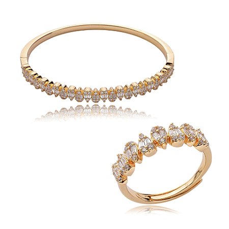 Conjunto de anel e bracelete cravejado de zirconia cristal banho em ouro 18k