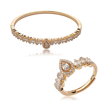 Conjunto de anel e bracelete cravejado de zirconia cristal banho em ouro 18k