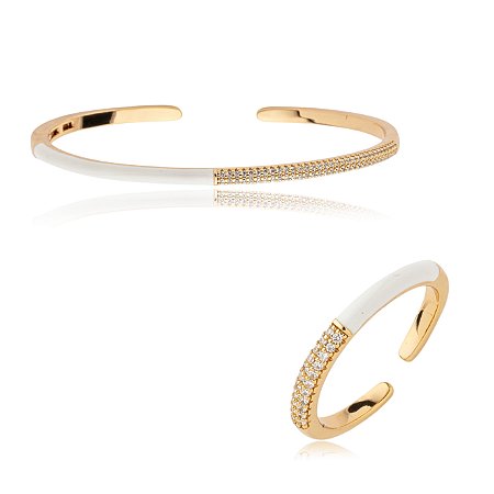 Conjunto de anel e bracelete cravejado de zirconia cristal banho em ouro 18k