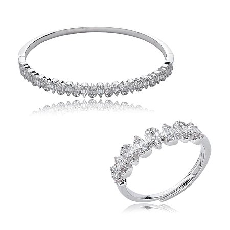 Conjunto de anel e bracelete cravejado de zirconia cristal banho em rodio branco