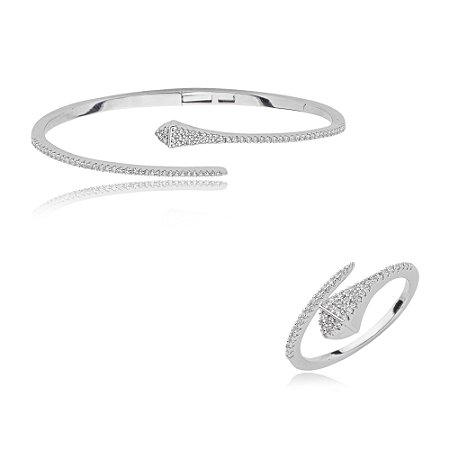 Conjunto de anel e bracelete cravejado de zirconia cristal banho em rodio branco