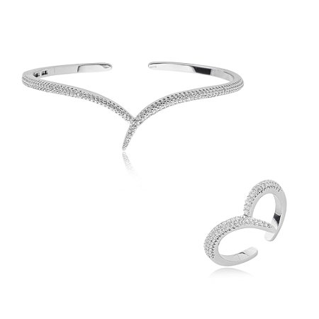 Conjunto de anel e bracelete cravejado de zirconia cristal banho em rodio branco