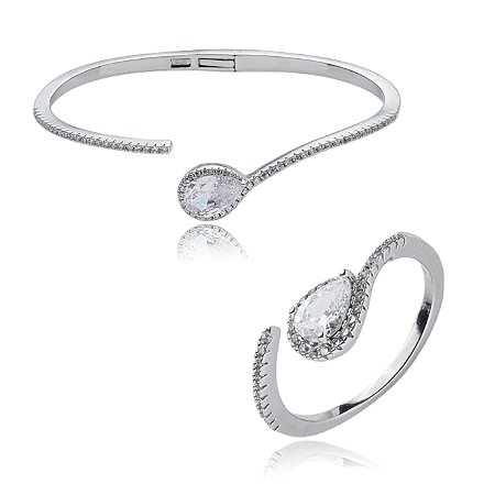 Conjunto de anel e bracelete cravejado de zirconia cristal banho em rodio branco