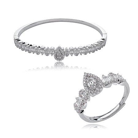 Conjunto de anel e bracelete cravejado de zirconia cristal banho em rodio branco