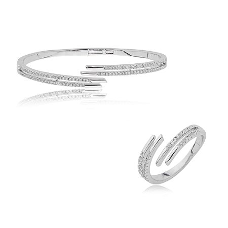 Conjunto de anel e bracelete cravejado de zirconia cristal banho em rodio branco