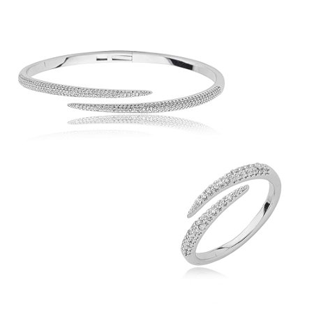 Conjunto de anel e bracelete cravejado de zirconia cristal banho em rodio branco