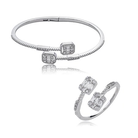 Conjunto de anel e bracelete cravejado de zirconia cristal banho em rodio branco