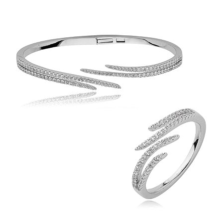 Conjunto de anel e bracelete cravejado de zirconia cristal banho em rodio branco