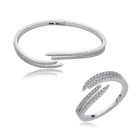Conjunto de anel e bracelete cravejado de zirconia cristal banho em rodio branco