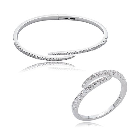 Conjunto de anel e bracelete cravejado de zirconia cristal banho em rodio branco