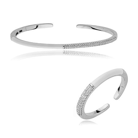 Conjunto de anel e bracelete cravejado de zirconia cristal banho em rodio branco