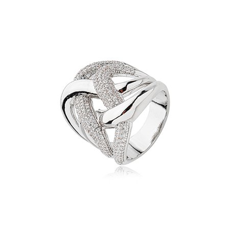 Anel cravejado de zirconia cristal banho em rodio branco