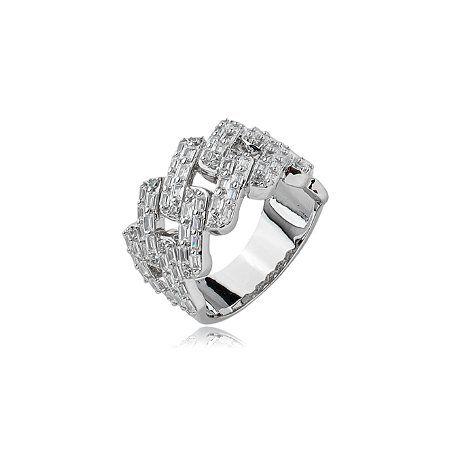 Anel cravejado de zirconia cristal banho em rodio branco