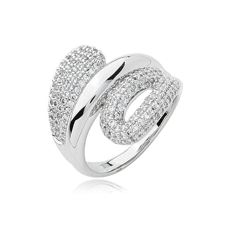 Anel cravejado de zirconia cristal banho em rodio branco