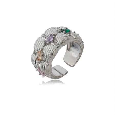 Anel cravejado de zirconia colorida banho em rodio branco
