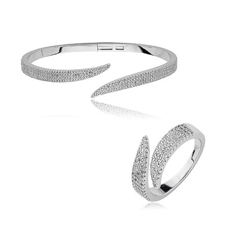 Conjunto de anel e bracelete cravejado de zirconia cristal banho em rodio branco