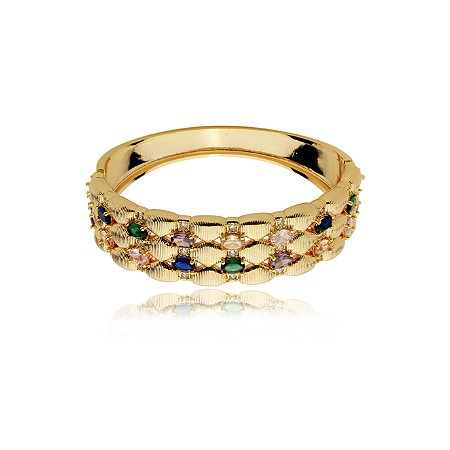 Bracelete cravejado de zirconia colorida banho em ouro 18k