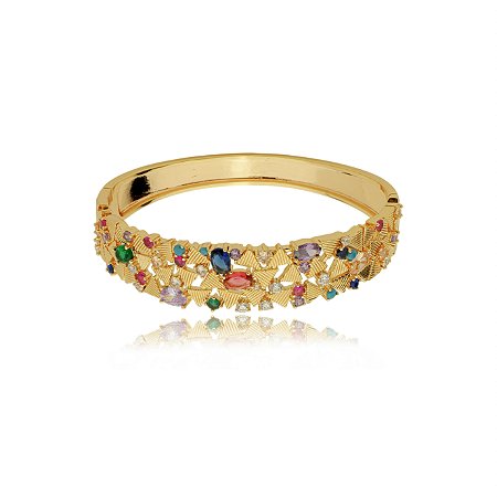Bracelete cravejado de zirconia colorida banho em ouro 18k