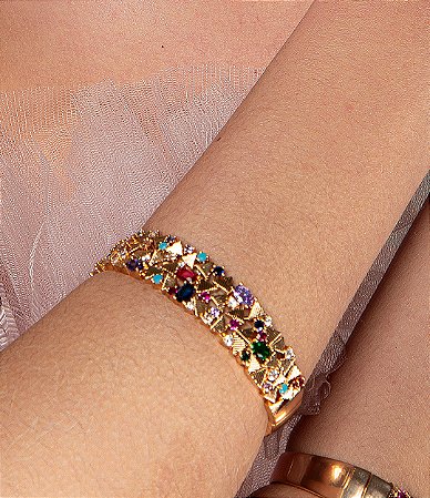 Bracelete cravejado de zirconia colorida banho em ouro 18k