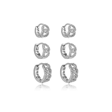 Trio de argola cravejado de zirconia cristal banho em rodio branco