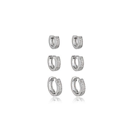 Trio de argola cravejado de zirconia cristal banho em rodio branco