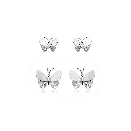 Dupla de borboleta cravejada de zirconia cristal banho em rodio branco
