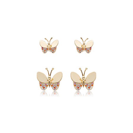 Dupla de borboleta cravejada de zirconia colorida banho em ouro 18k