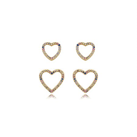 Dupla de coração cravejada de zirconia colorida banho em ouro 18k