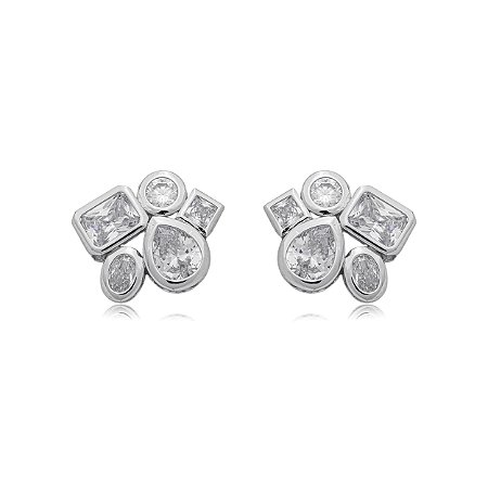 Brinco cravejado de zirconia cristal banho em rodio branco
