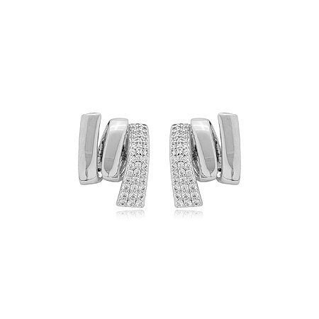 Brinco cravejado de zirconia cristal banho em rodio branco
