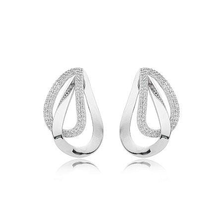 Brinco cravejado de zirconia cristal banho em rodio branco