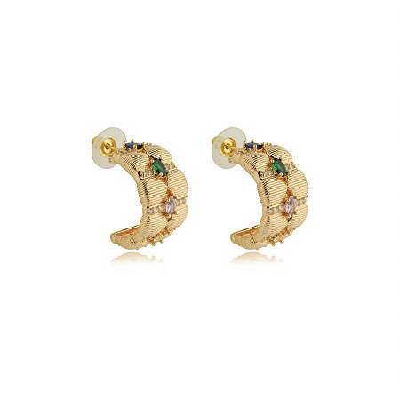 Brinco de argola cravejado de zirconia colorida banho em ouro 18k