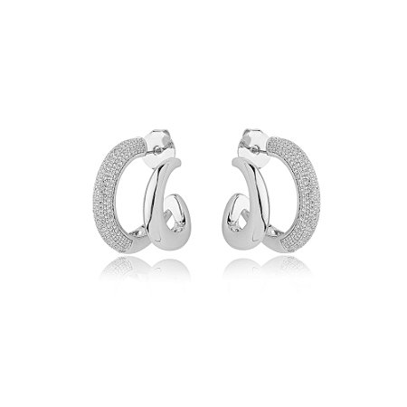 Brinco de argola cravejado de zirconia cristal banho em rodio branco