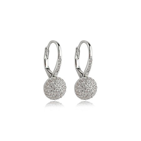 Brinco de argola cravejado de zirconia cristal banho em rodio branco
